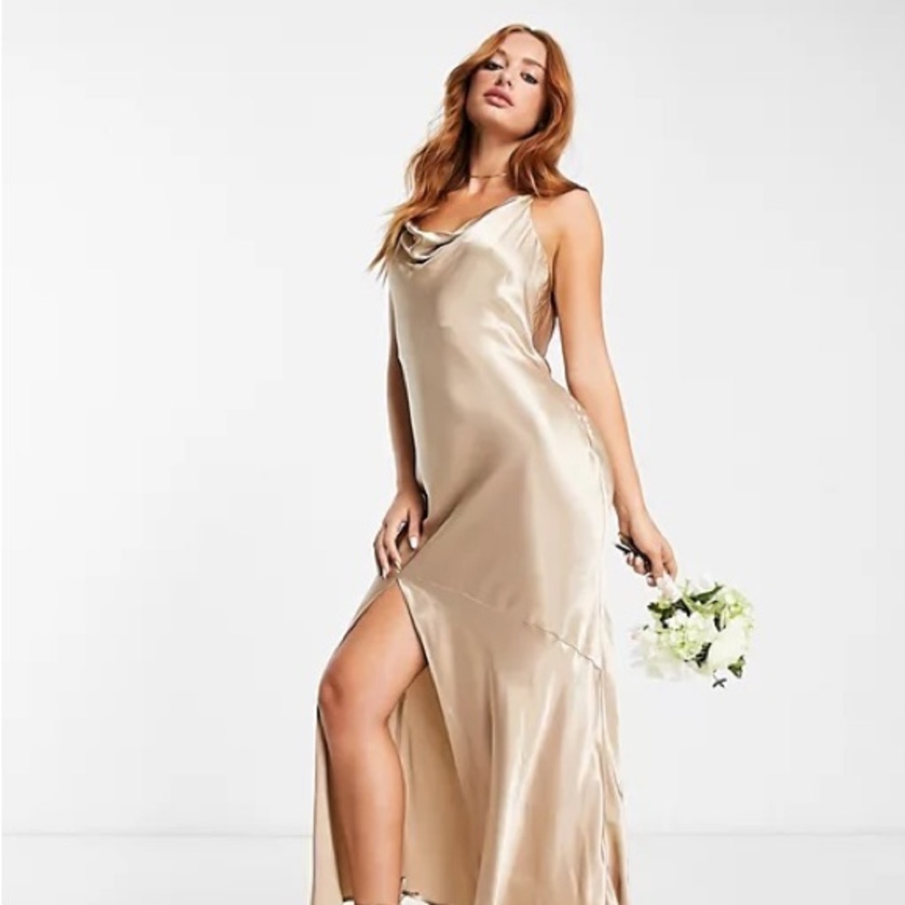 Topshop bridesmaid tie back satin slip dress in gold